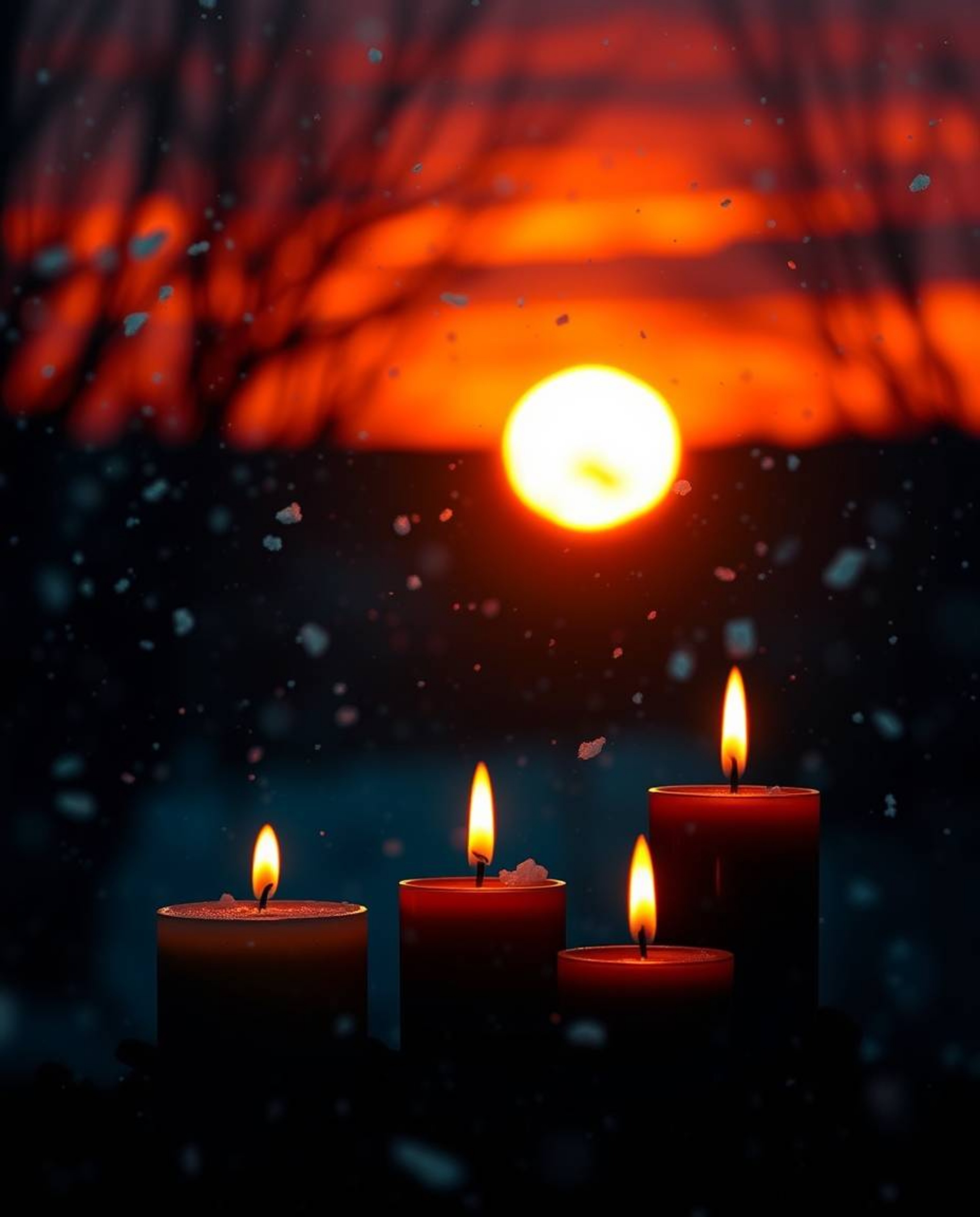 A luxurious and vibrant scene unfolds as snowflakes fall during a vibrant sunset. The atmosphere is characterized by a beauti