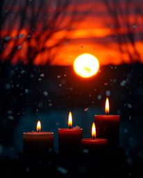 A luxurious and vibrant scene unfolds as snowflakes fall during a vibrant sunset. The atmosphere is characterized by a beauti
