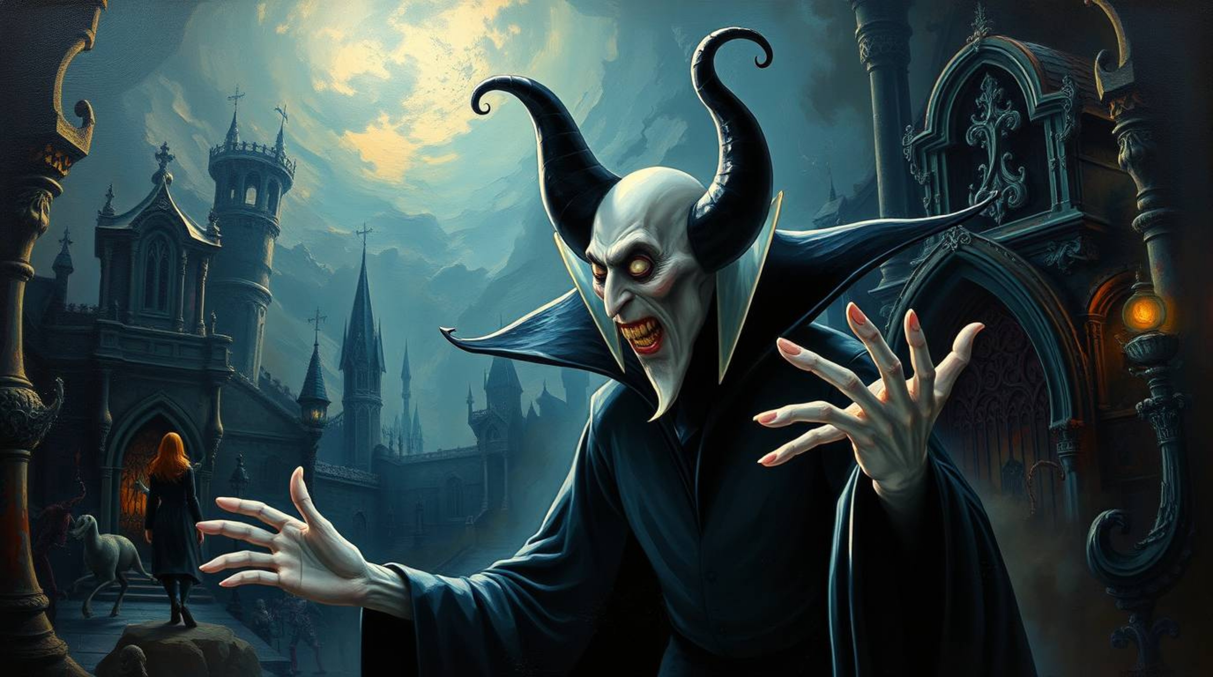 A dreamlike, surreal oil painting depicts a classic Disney villain with sharp features and pale skin casting a spell within a