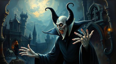 A dreamlike, surreal oil painting depicts a classic Disney villain with sharp features and pale skin casting a spell within a