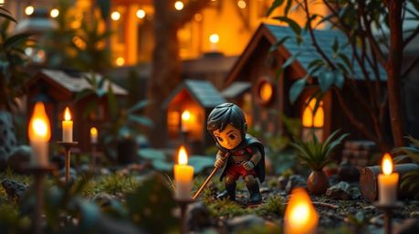 A captivating architectural photograph showcases a tiny hero navigating a lush backyard jungle bathed in the warm glow of can