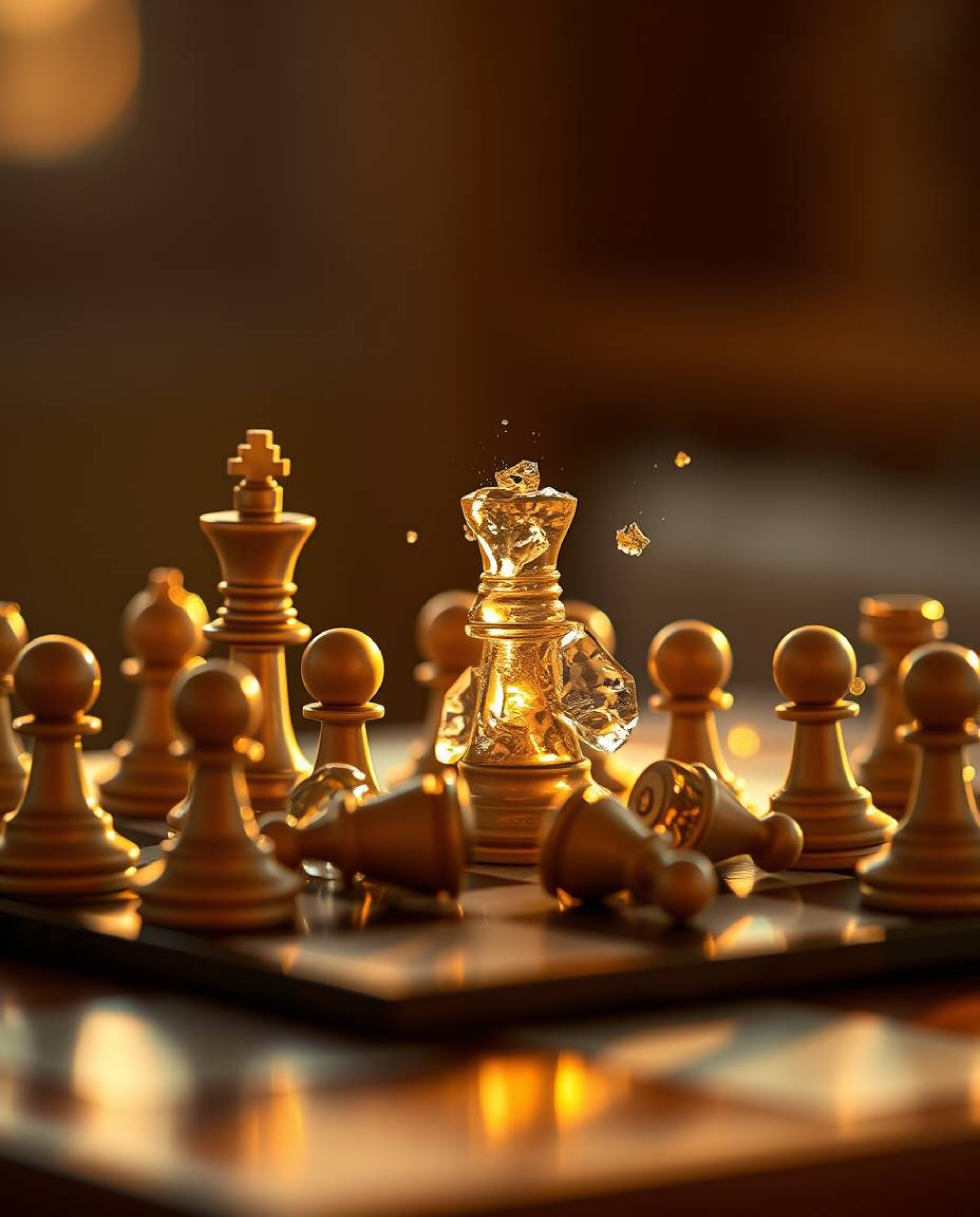 A captivating professional photograph depicts a chessboard in mid-destruction, its pieces frozen mid-air against a warm golde