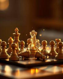 A captivating professional photograph depicts a chessboard in mid-destruction, its pieces frozen mid-air against a warm golde