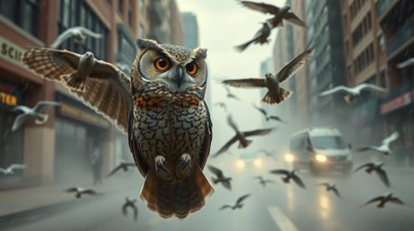 Capturing a moment of surreal beauty, this candid street photograph portrays a blind owl, rendered in a charming Pixar style,