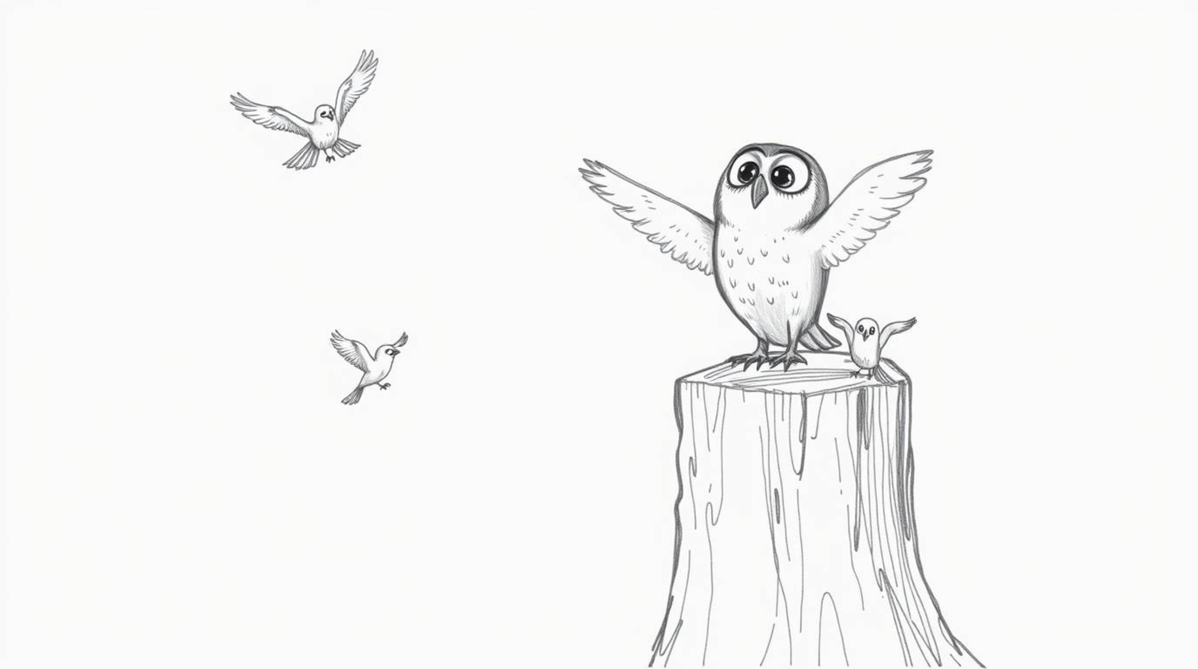 A heart-warming illustration depicting a blind owl in a Pixar-esque style, joyfully cheering from a tree stump as his small b