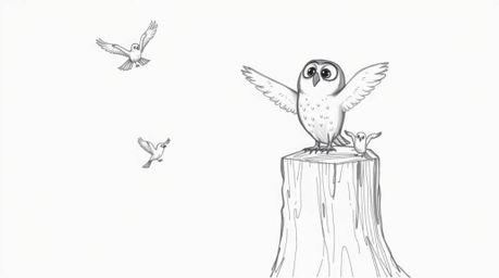 A heart-warming illustration depicting a blind owl in a Pixar-esque style, joyfully cheering from a tree stump as his small b