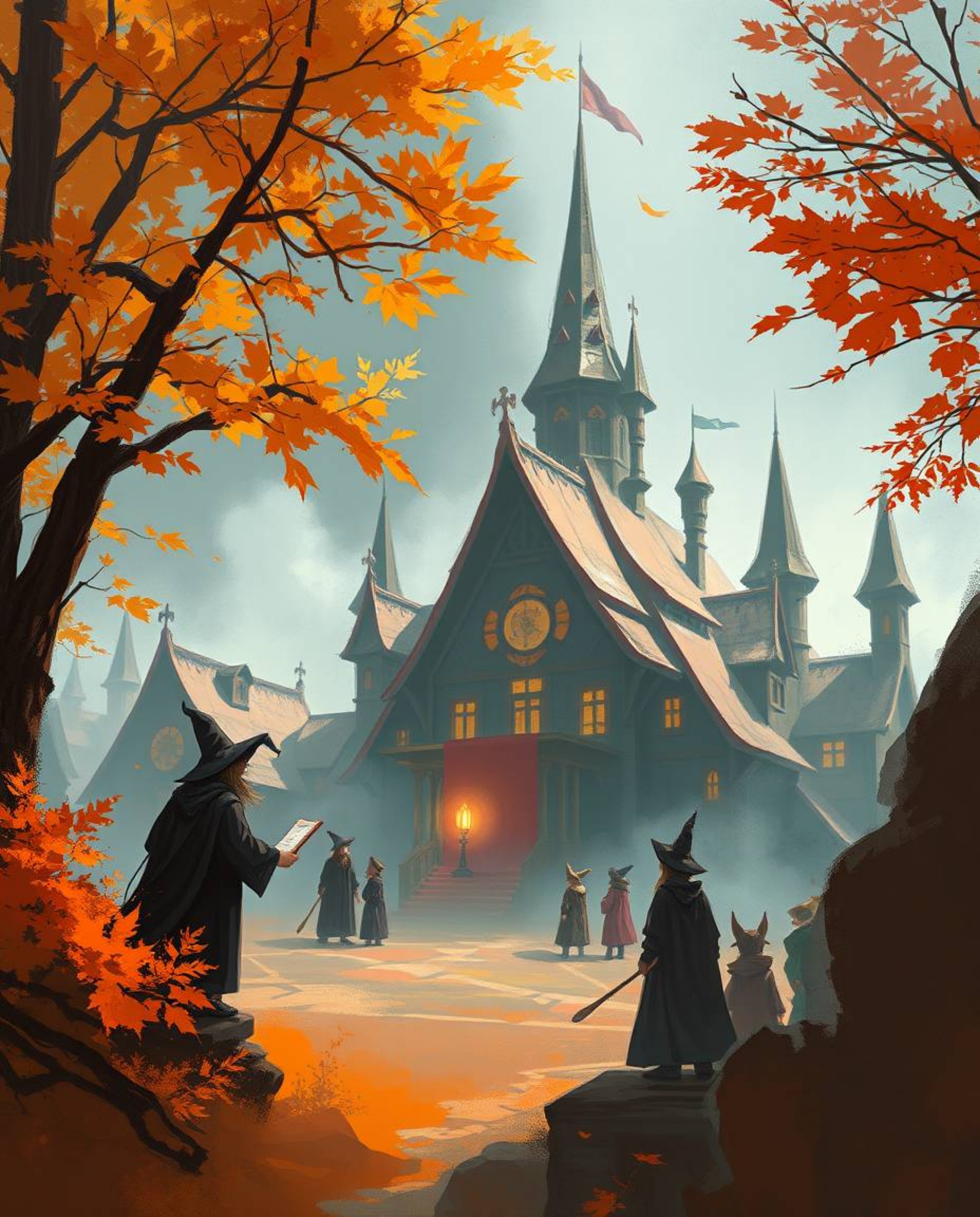 Explore a magical world with this digital sketch featuring a magical school filled with young wizards. Warm autumn colors and