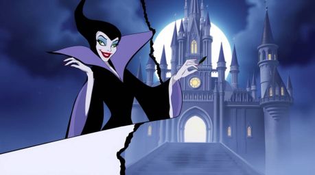 A classic Disney villain, graceful and elegant with refined features, is depicted casting a spell within a majestic, old cast