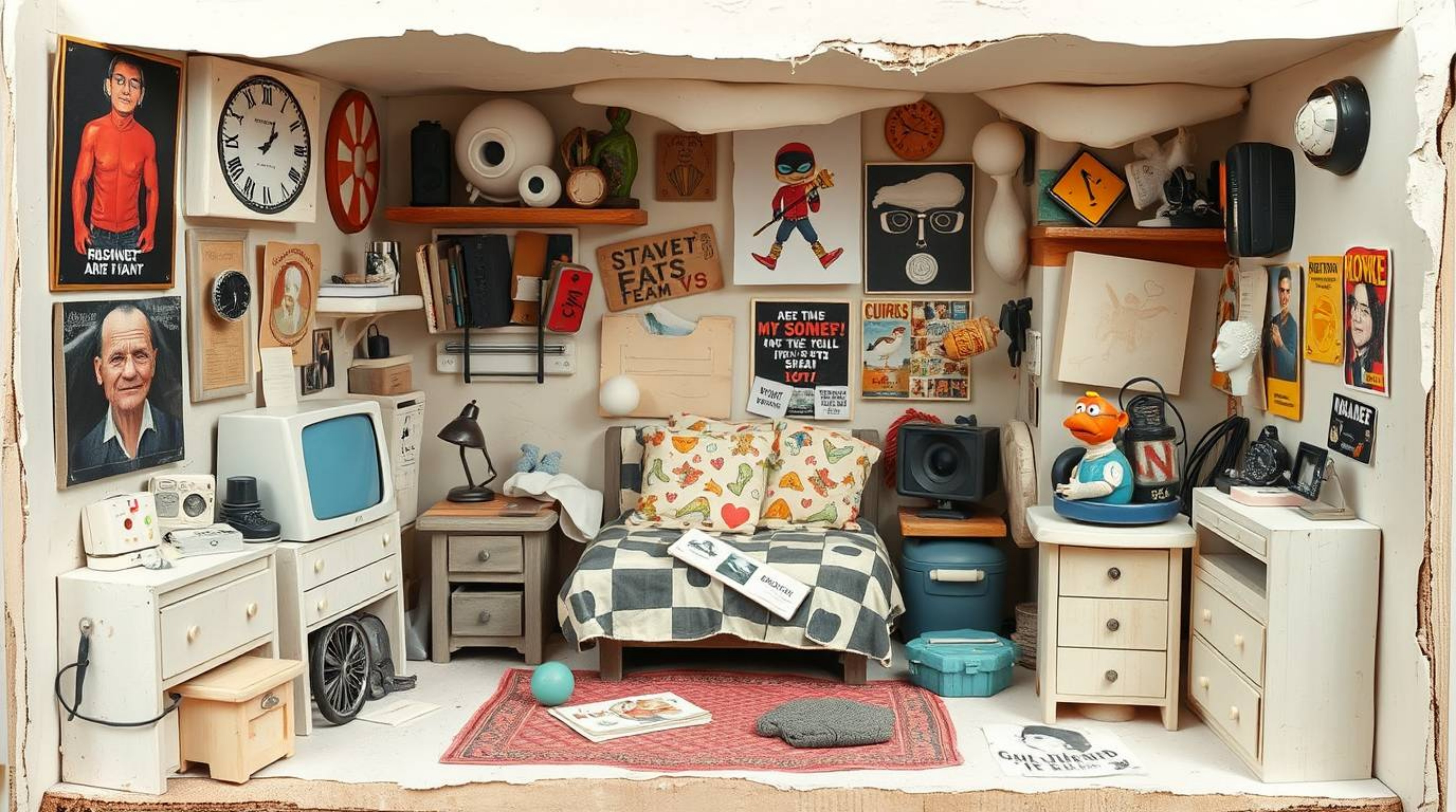 This layered papier-mâché sculpture captures the essence of a messy bedroom overflowing with unusual gadgets and posters. Div