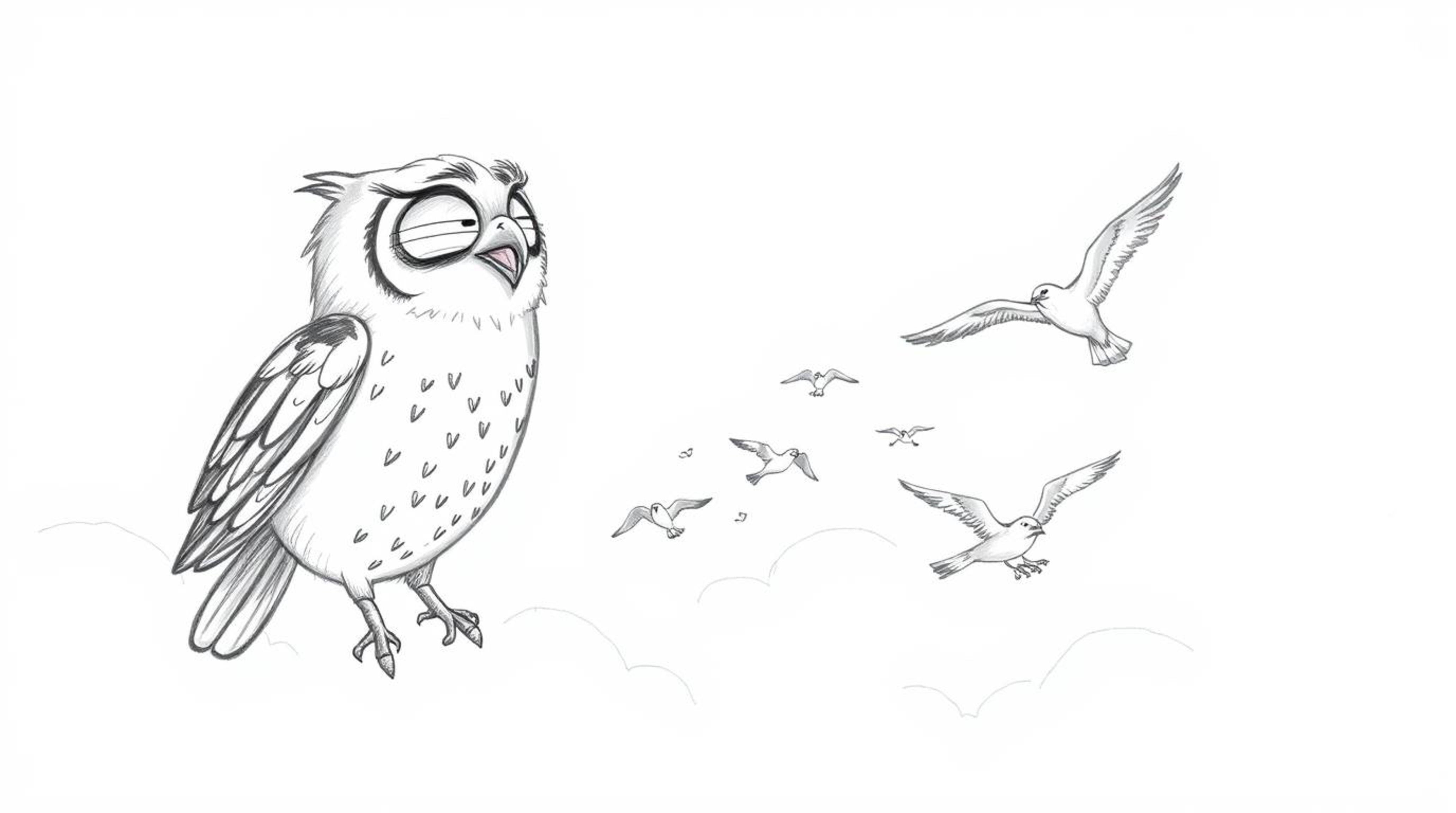 This heartwarming image features a hand-drawn sketch in the style of Pixar, showcasing a blind owl with soft, expressive feat