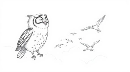 This heartwarming image features a hand-drawn sketch in the style of Pixar, showcasing a blind owl with soft, expressive feat