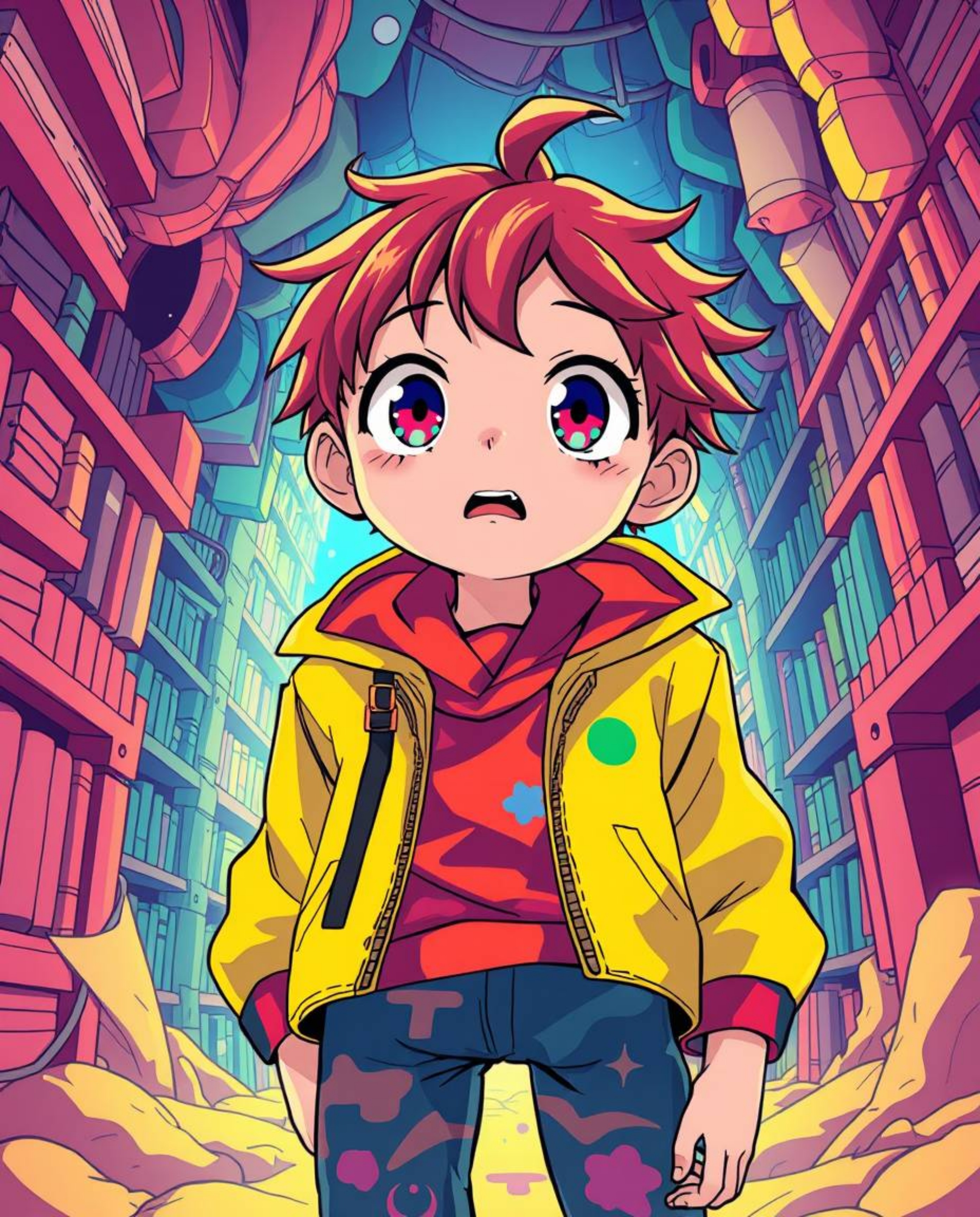 Immerse yourself in the vibrant world of Isekai anime as a person with large, expressive eyes and colorful clothing stumbles 