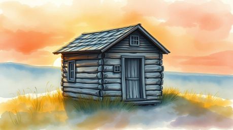 A captivating watercolor painting depicts a rustic old wooden cabin bathed in the warm glow of a sunset.  Translucent washes 