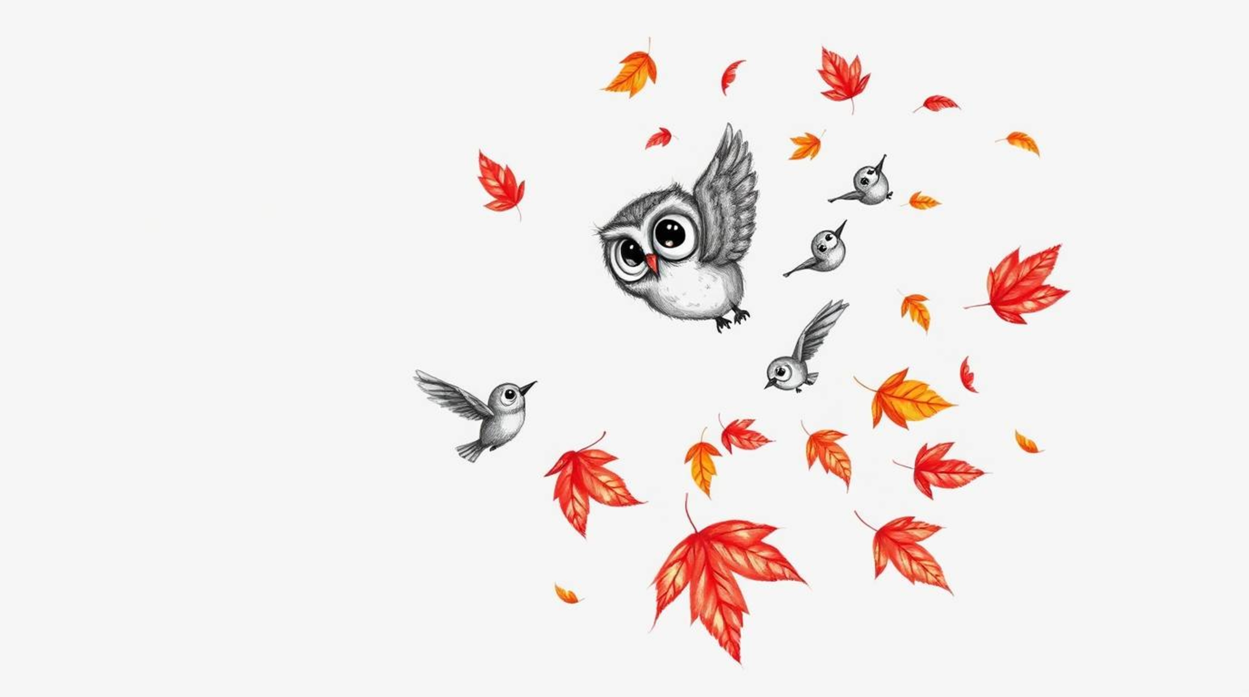 A heartwarming hand-drawn sketch reminiscent of Pixar, depicting a kind-eyed, blind owl guiding a flock of birds in a gentle,