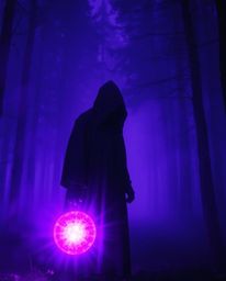 A mysterious cloaked figure stands within a misty forest, holding a radiant glowing orb. The scene is bathed in deep ultravio