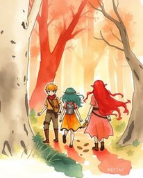 Immerse yourself in a warm watercolor painting depicting a group of friends with unique powers as they explore a vibrant fore