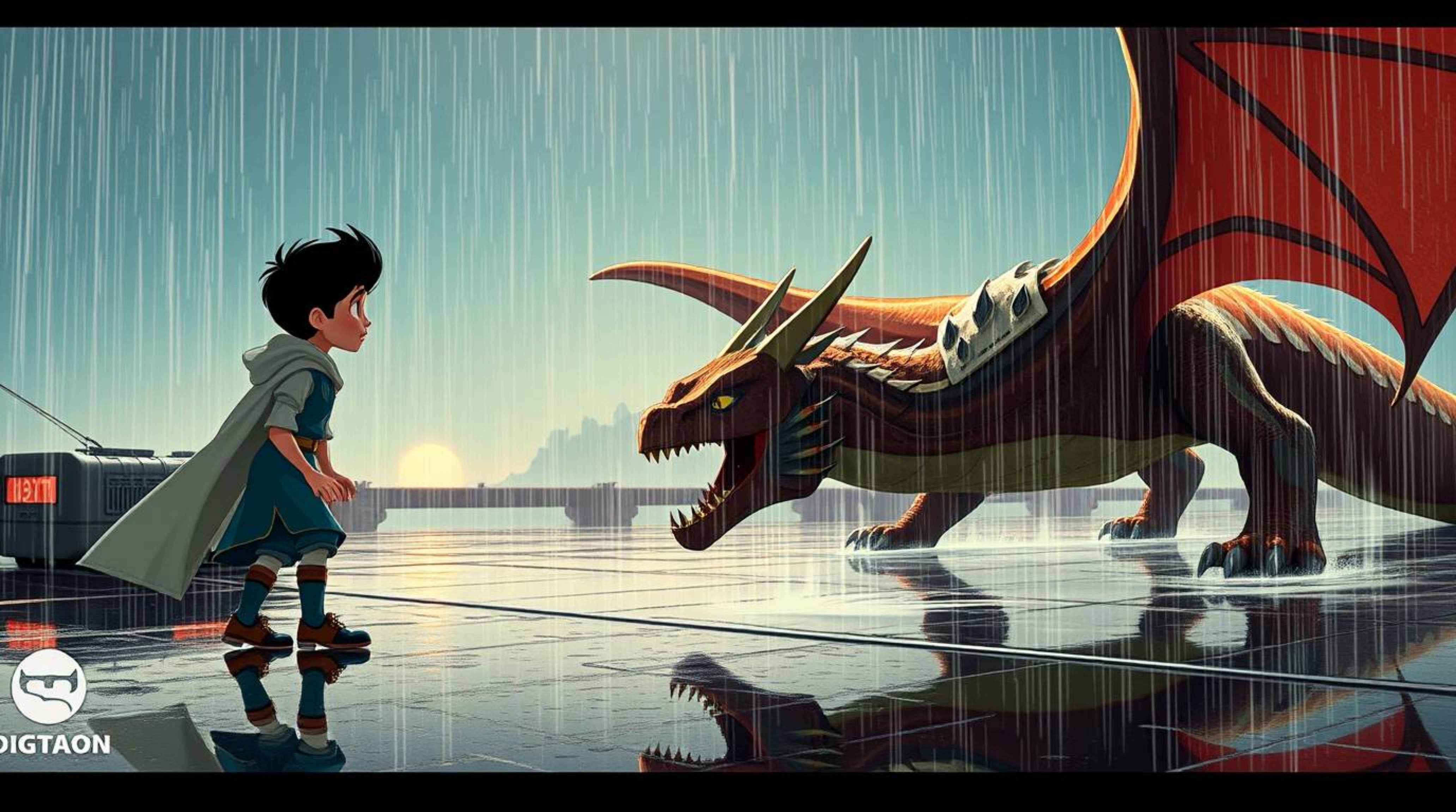 Experience a unique blend of futuristic sci-fi and 1950s animation in this captivating scene. A charming prince battles a dra