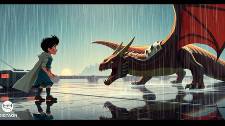 Experience a unique blend of futuristic sci-fi and 1950s animation in this captivating scene. A charming prince battles a dra