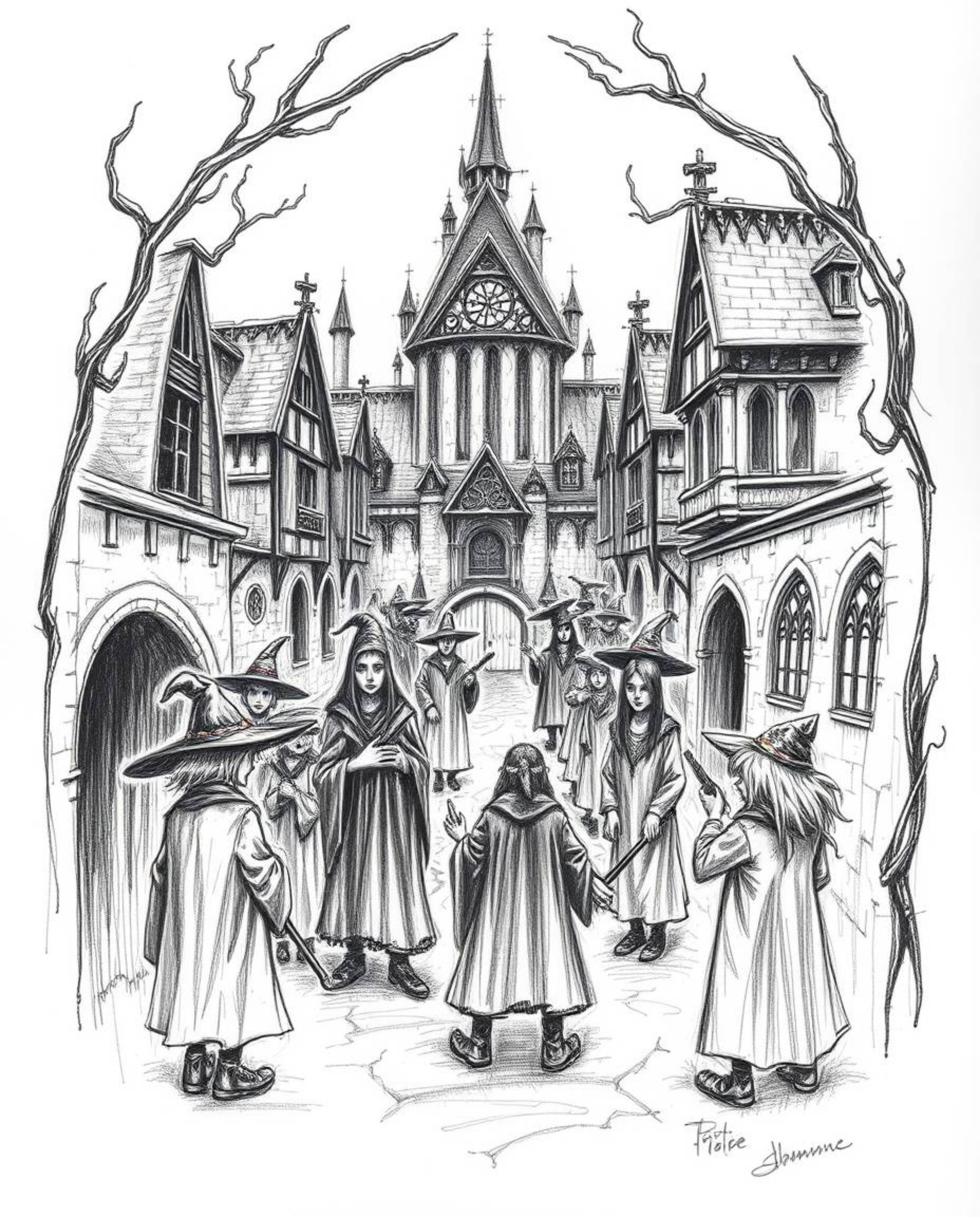 A captivating hand-drawn sketch depicting a magical school brimming with young wizards. Rendered in dark tones with rough lin