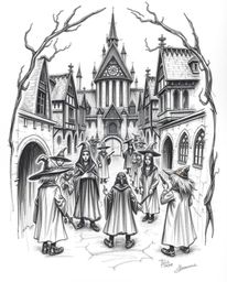A captivating hand-drawn sketch depicting a magical school brimming with young wizards. Rendered in dark tones with rough lin