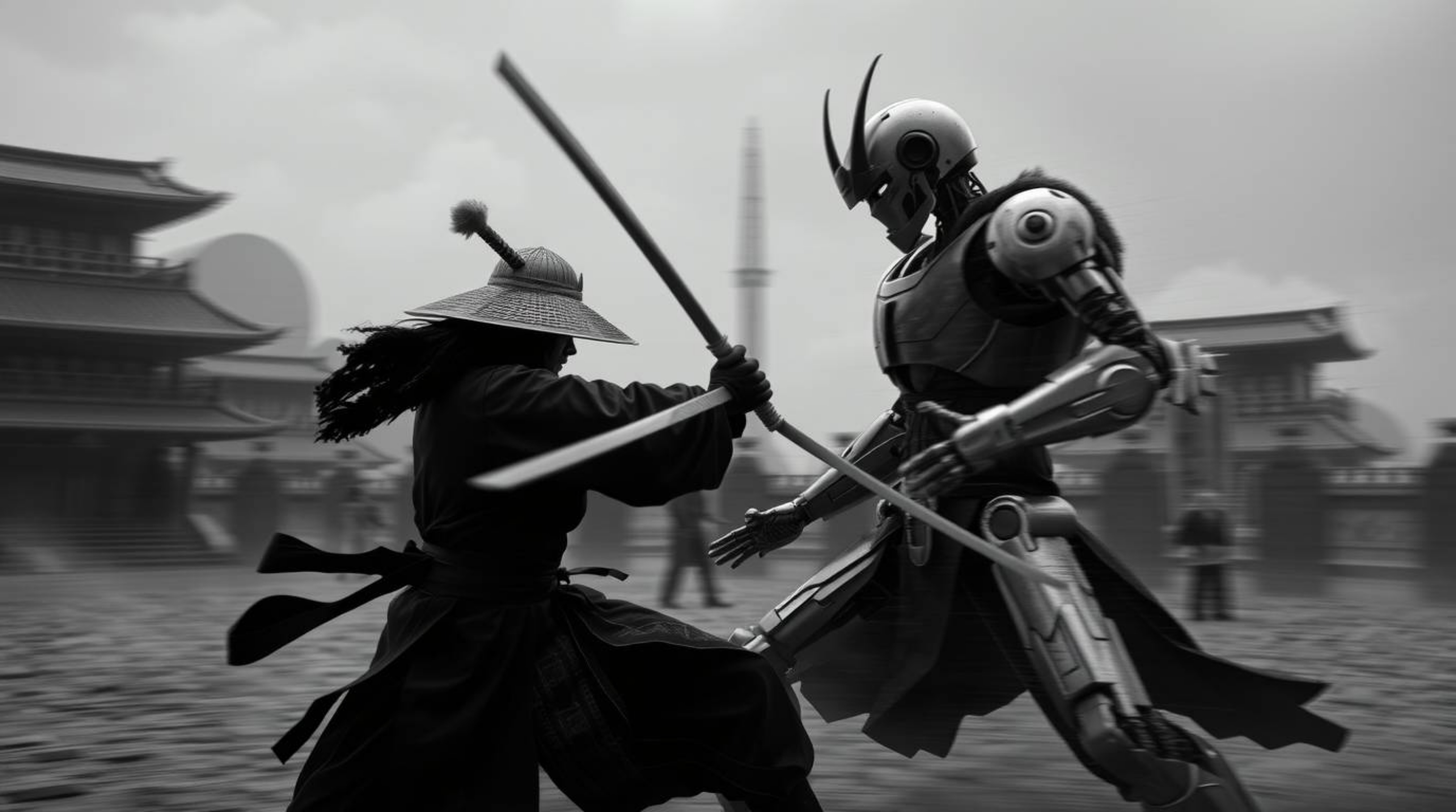 Witness a timeless battle between a samurai and a robot in a dystopian world, captured in a striking black and white image. T