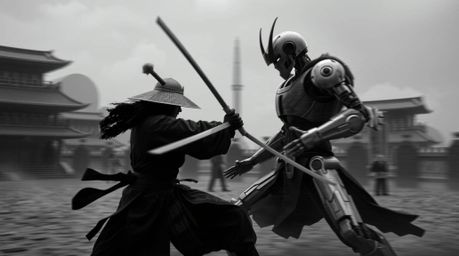 Witness a timeless battle between a samurai and a robot in a dystopian world, captured in a striking black and white image. T