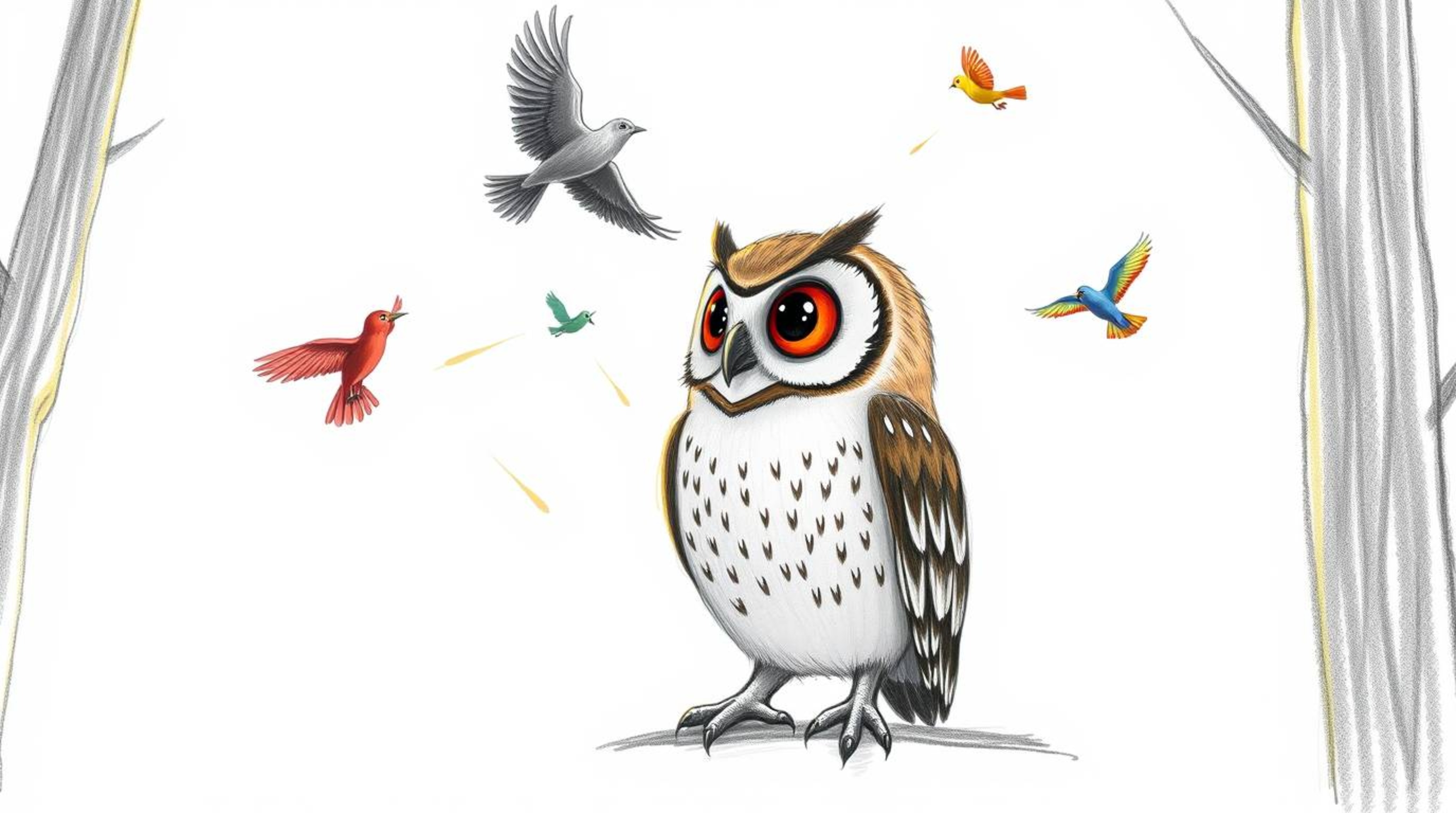 A heartwarming hand-drawn sketch depicts a blind owl with expressive eyes, guiding colorful birds in flight within a magical,