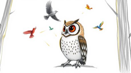 A heartwarming hand-drawn sketch depicts a blind owl with expressive eyes, guiding colorful birds in flight within a magical,