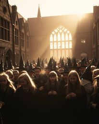 A classic black and white photograph captures the enchanting atmosphere of a magical school teeming with young wizards, all b
