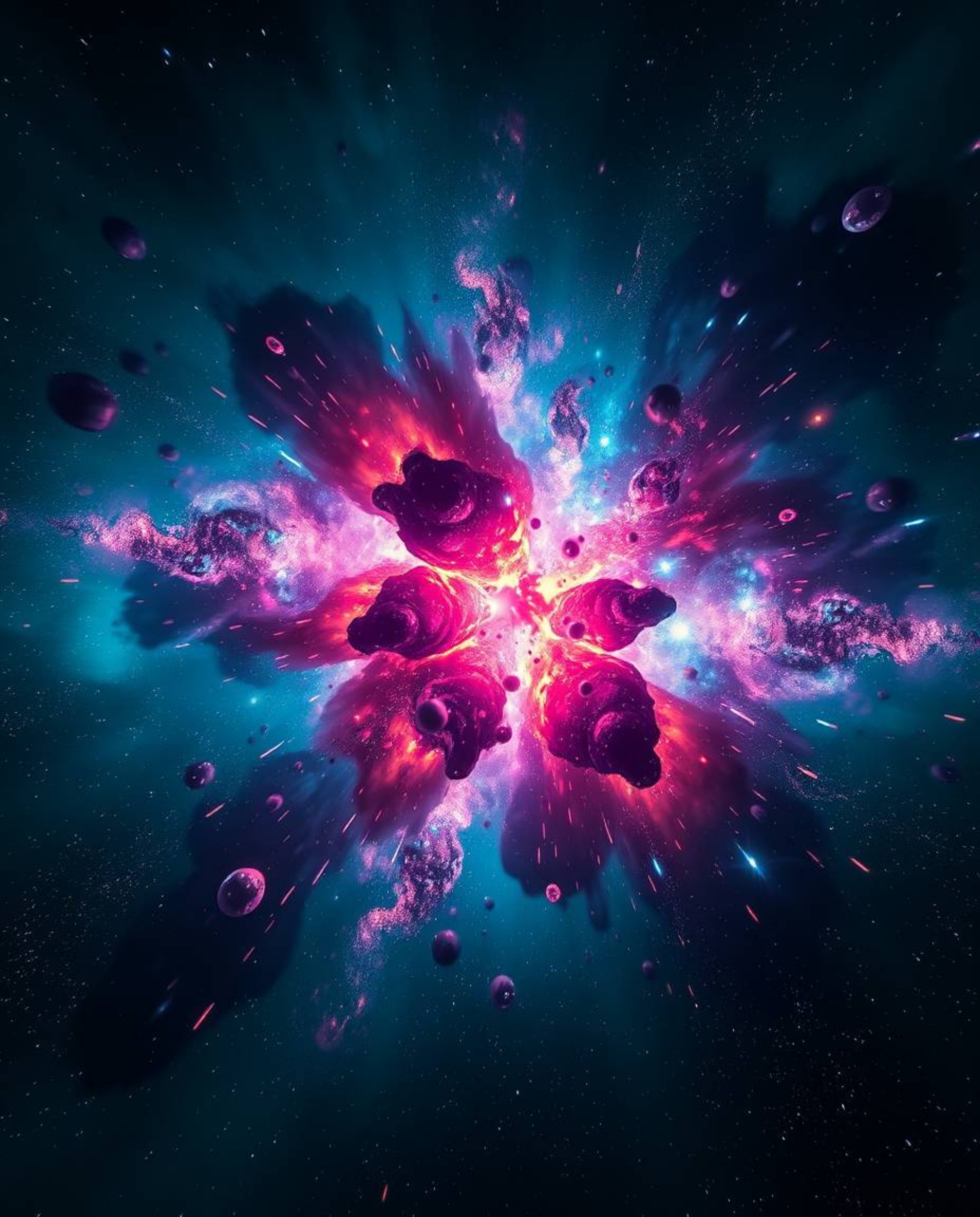 Witness a breathtaking bird's-eye view of colliding galaxies, erupting in a cosmic explosion of bioluminescent colors.  Rich 