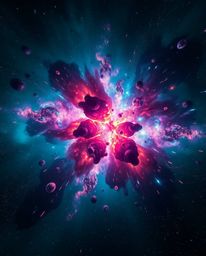 Witness a breathtaking bird's-eye view of colliding galaxies, erupting in a cosmic explosion of bioluminescent colors.  Rich 