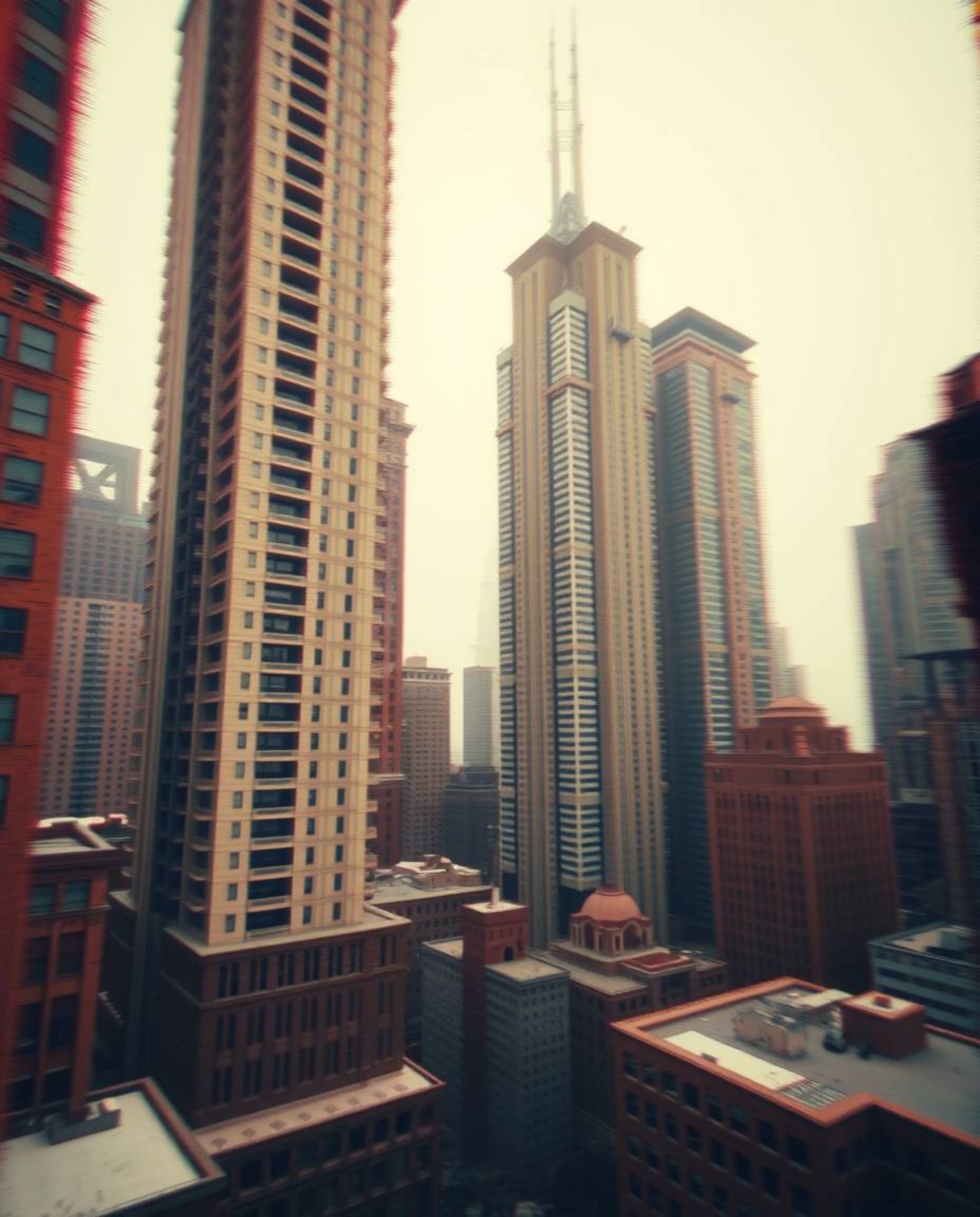 A precise architectural color photograph showcasing a glitchy digital landscape featuring distorted skyscrapers and static no