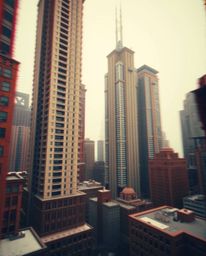 A precise architectural color photograph showcasing a glitchy digital landscape featuring distorted skyscrapers and static no