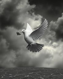 This classic black and white cast bronze sculpture depicts a dove carrying an olive branch, soaring through stormy skies.  Th