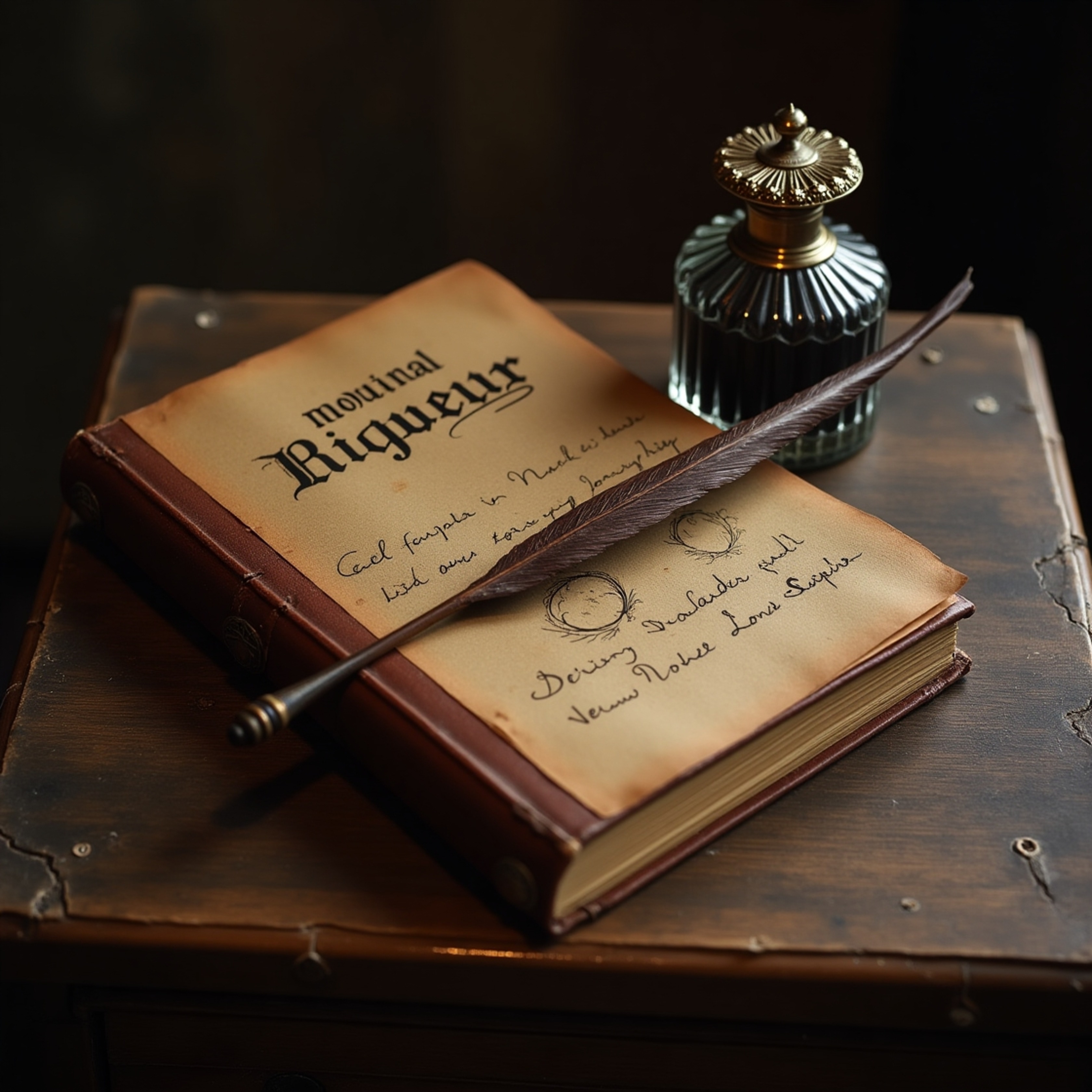 A scene evoking nostalgia unfolds: a well-worn, brown leather journal with gold lettering lies open on a weathered wooden des