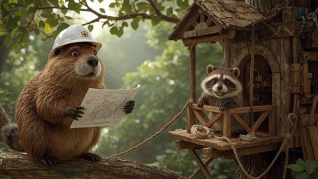 A high-resolution, Pixar-inspired stock photo captures a beaver with shiny brown fur and a miniature hard hat building an int