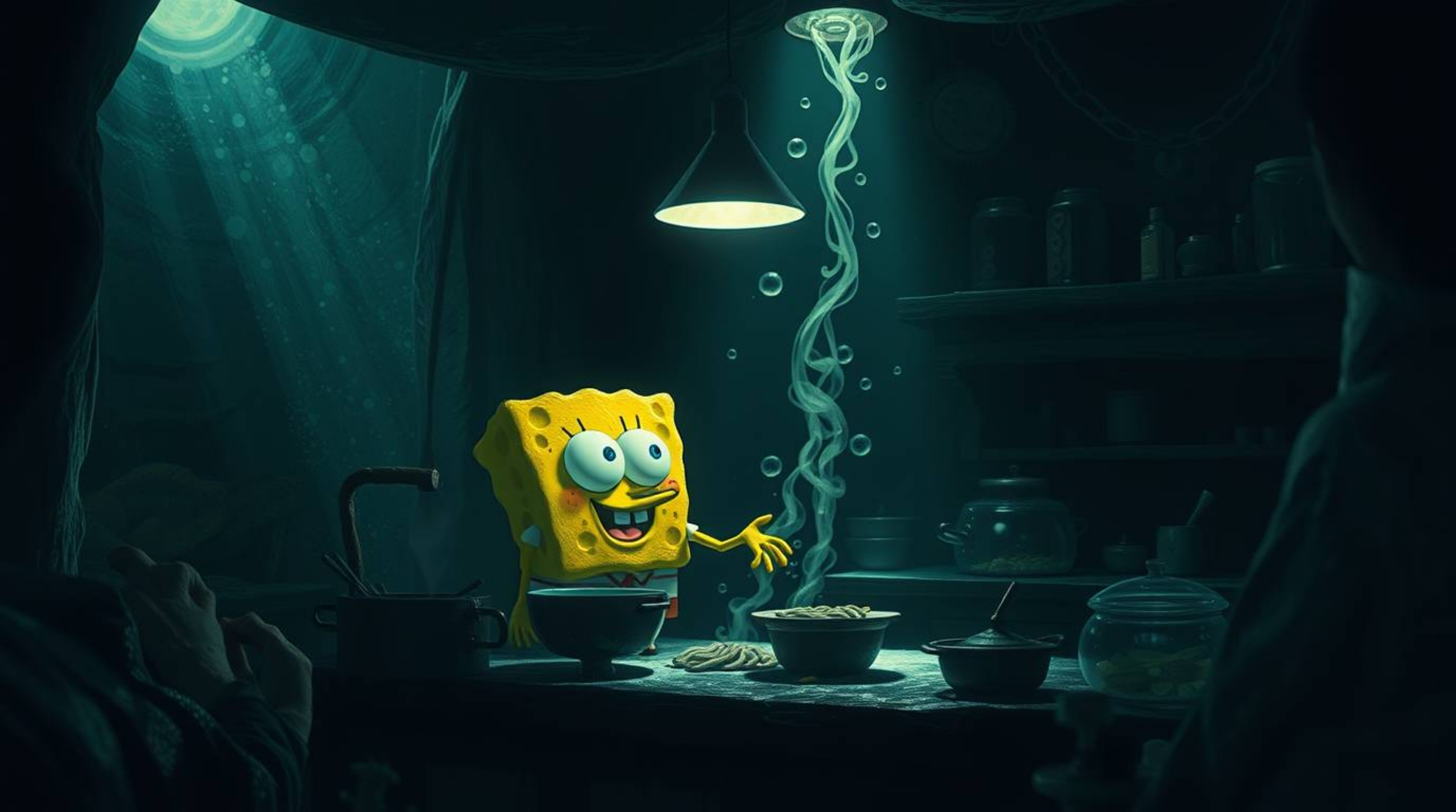 A captivating image depicts a mystical sponge character immersed in the art of cooking within an underwater kitchen. Rendered