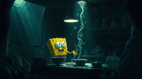A captivating image depicts a mystical sponge character immersed in the art of cooking within an underwater kitchen. Rendered
