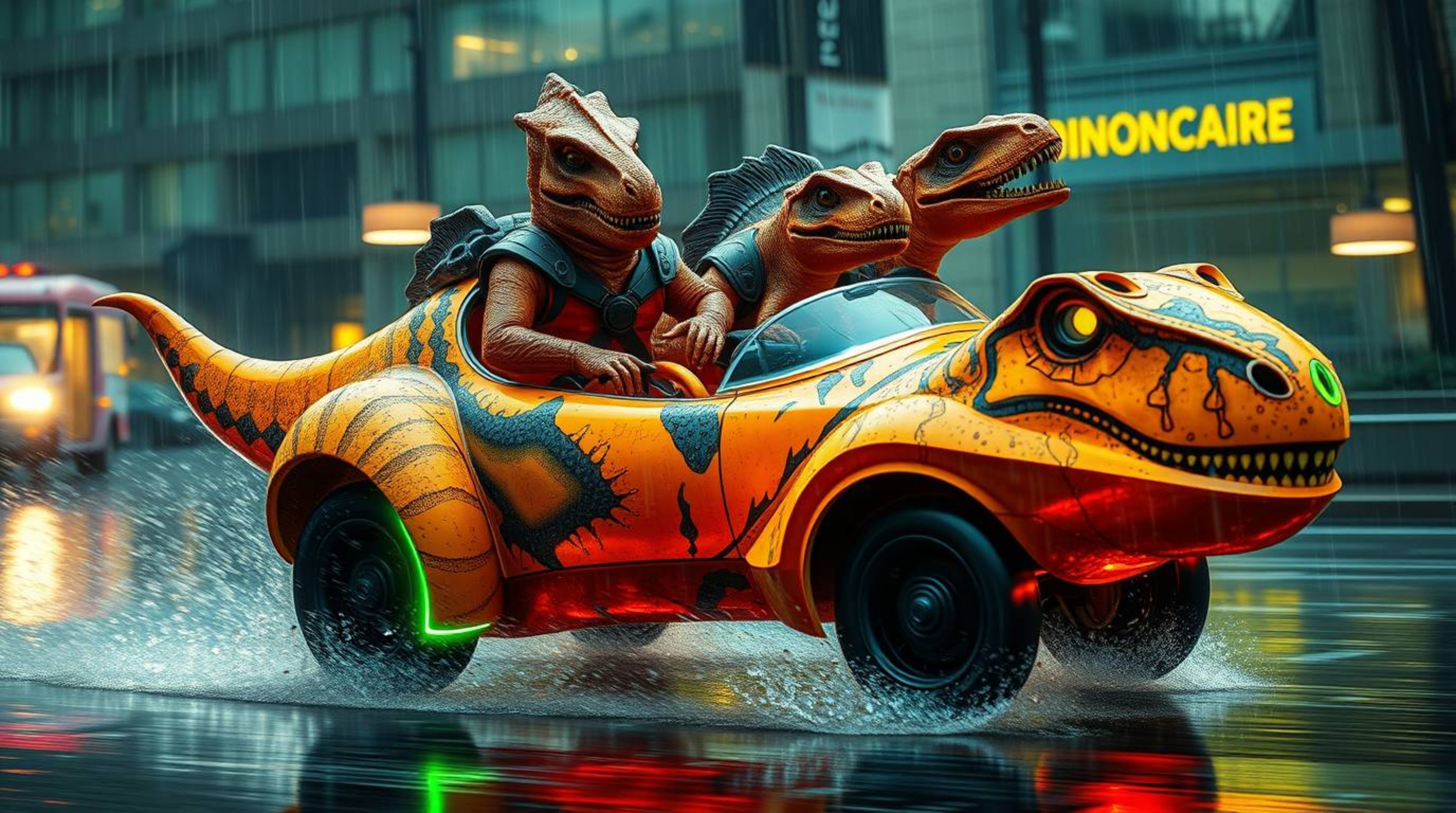 Experience a vibrant and electrifying journey with a prehistoric family as they navigate a wet and rainy landscape in their b