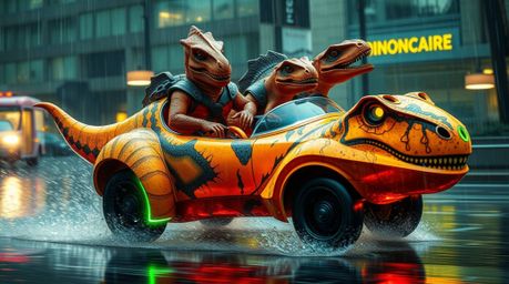 Experience a vibrant and electrifying journey with a prehistoric family as they navigate a wet and rainy landscape in their b