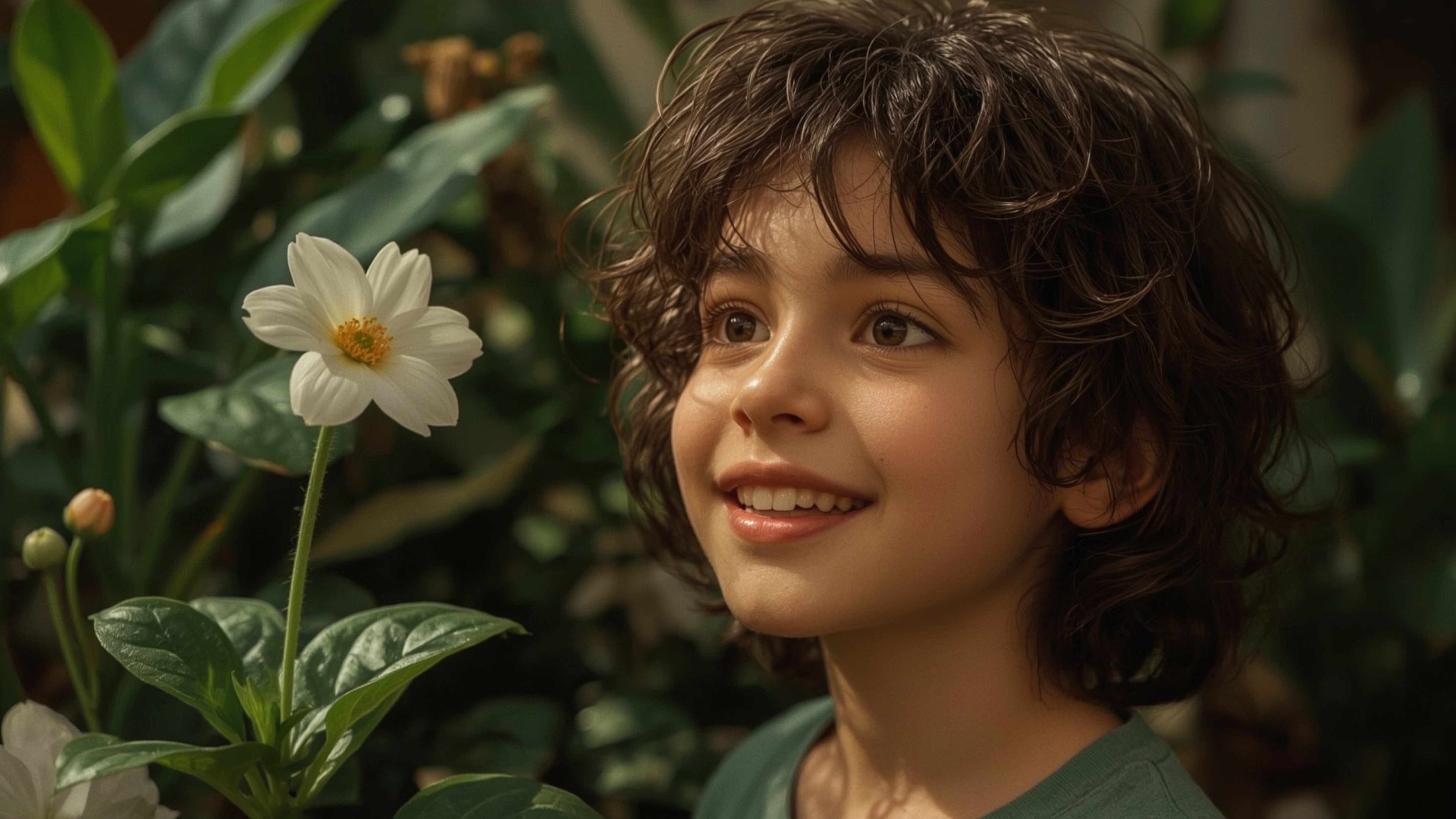 A vibrant, cinematic photograph of a bright-eyed, homeschooled genius, reminiscent of Pixar's whimsical style, beaming with j