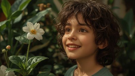 A vibrant, cinematic photograph of a bright-eyed, homeschooled genius, reminiscent of Pixar's whimsical style, beaming with j