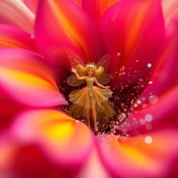 An extreme close-up macro photograph reveals a vibrant fairy godmother emerging from a swirl of sparkles.  The image showcase