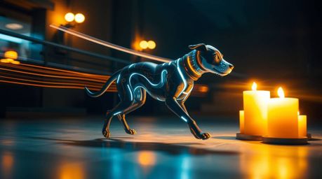 Explore a captivating long exposure photograph of a futuristic dog autonomously navigating the vastness of space, bathed in t