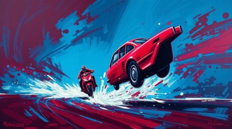 This bold acrylic painting depicts a dynamic chase scene rendered in rich burgundy and deep blue hues. The artwork utilizes e