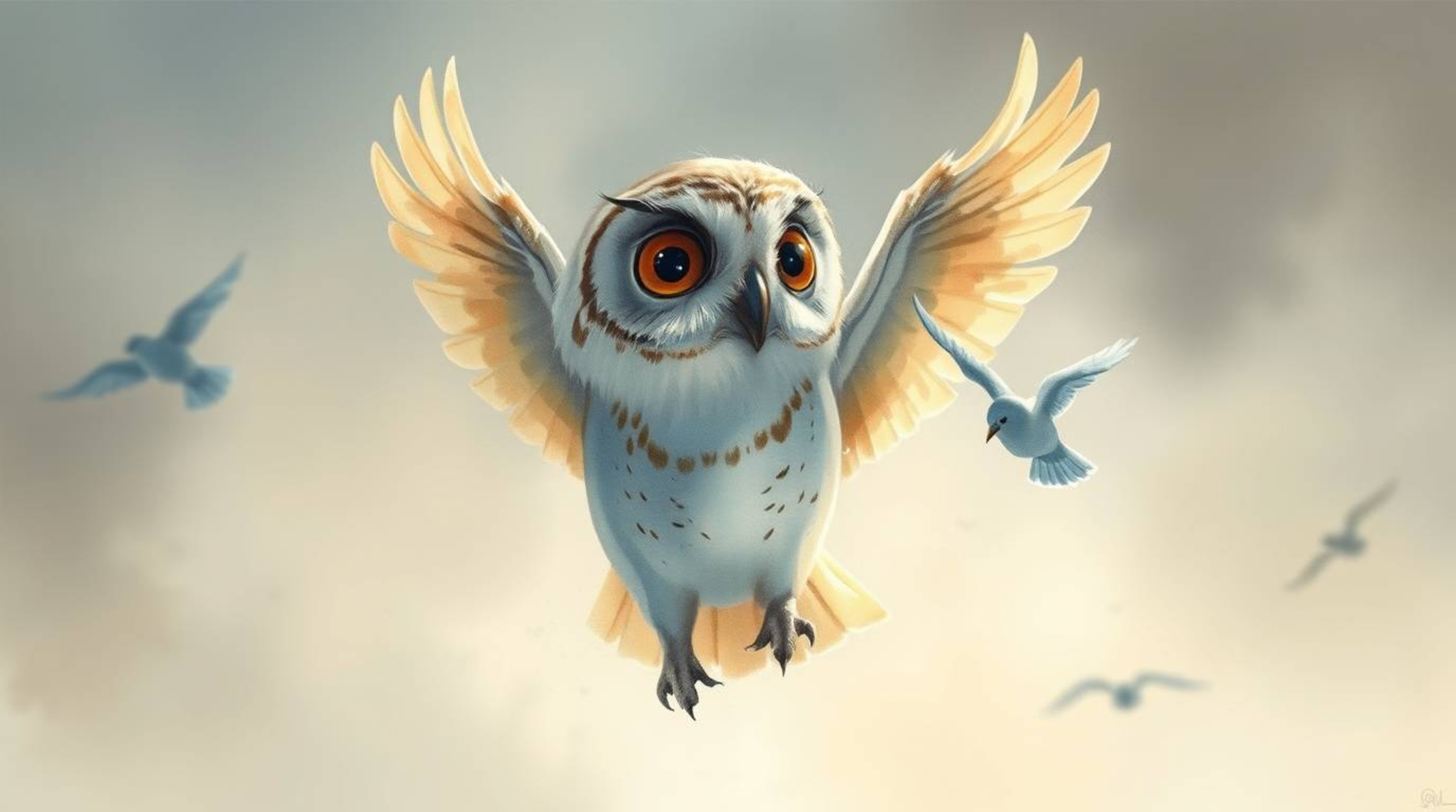 A whimsical portrayal of a blind owl, rendered in a Pixar-inspired style, dedicated to teaching birds how to fly. The scene e