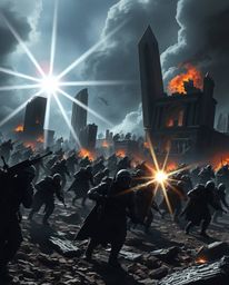 A grand, epic scene unfolds, depicting a futuristic battlefield where time-warped soldiers clash amidst crumbling buildings. 
