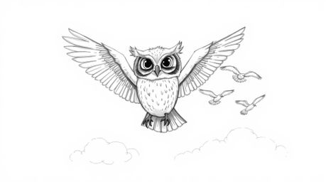 A textured, hand-drawn pencil sketch depicts a blind owl with outstretched wings, proudly teaching a flock of birds to fly am