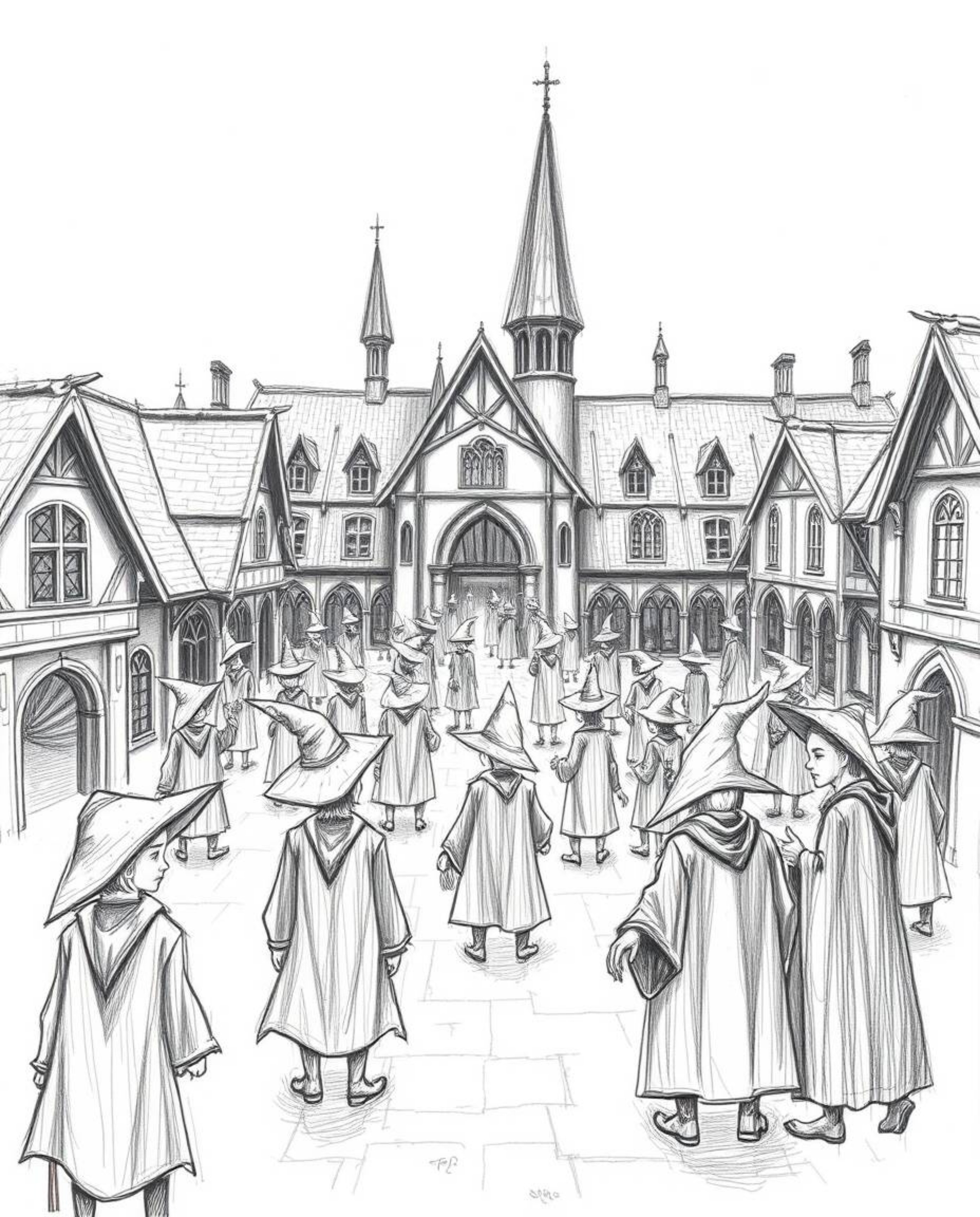 Explore a captivating hand-drawn sketch of a magical school brimming with young wizards, uniquely rendered in surreal infrare
