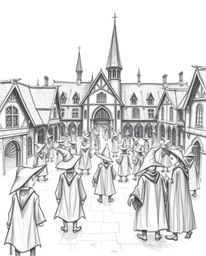 Explore a captivating hand-drawn sketch of a magical school brimming with young wizards, uniquely rendered in surreal infrare